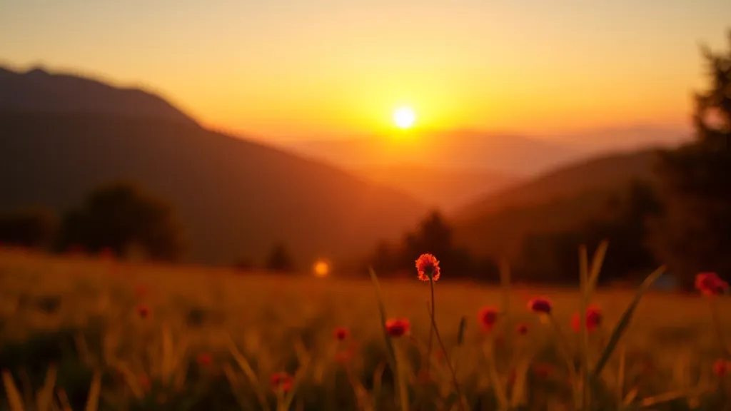 Krāšņa dabas ainava ar zeltainu saulrietu, fotografēta no mērkaķa perspektīvas, plaši lauki un debesu gradients