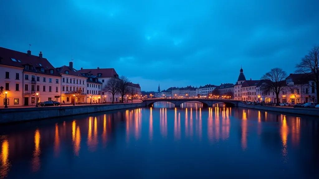 Zilā stunda naktspēles, pilsēta ar neonas nāves uz ūdens, jūras refleksija, dramatisks skats, profesionāla fotogrāfija
