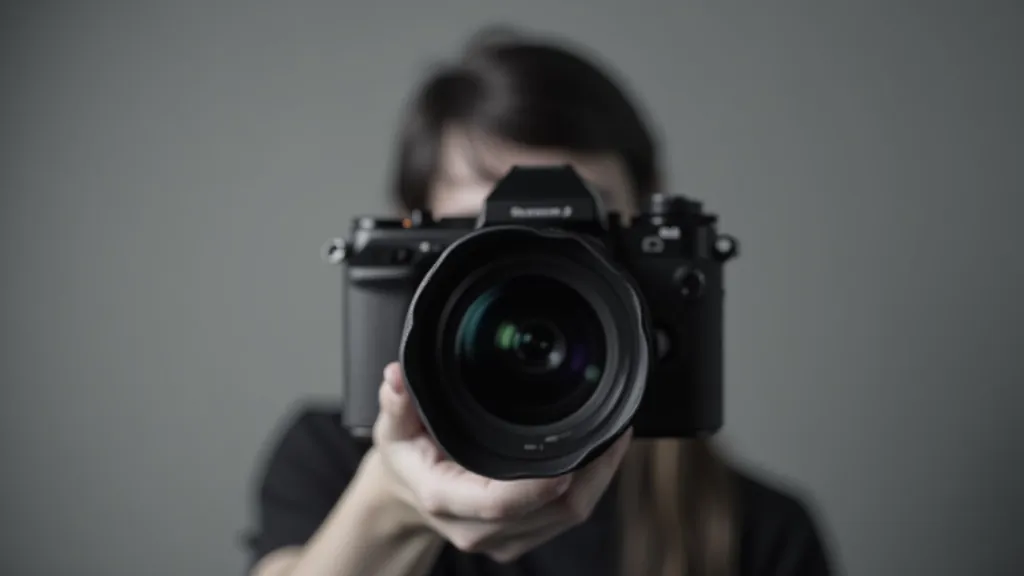 Mirrorless kamera ar elektronisko meklētāju, profesionāls attēls uz pelēka fona, skaidri redzama displeja ekrāna apgabals