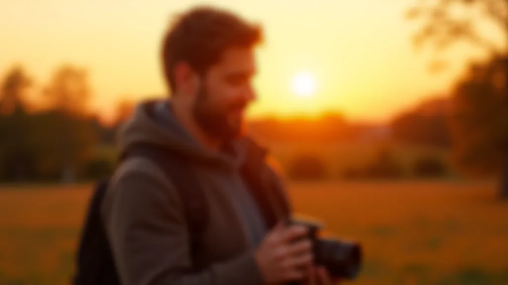Fotografs saulrieta laikā, kur zeltainā gaisma noskaidro ainavas detaļas, trijstūra kadrs, oranži-rozā debesu fons